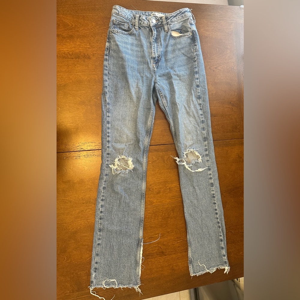 Zara Light Blue Distressed Straight Leg Jeans - slit bottom